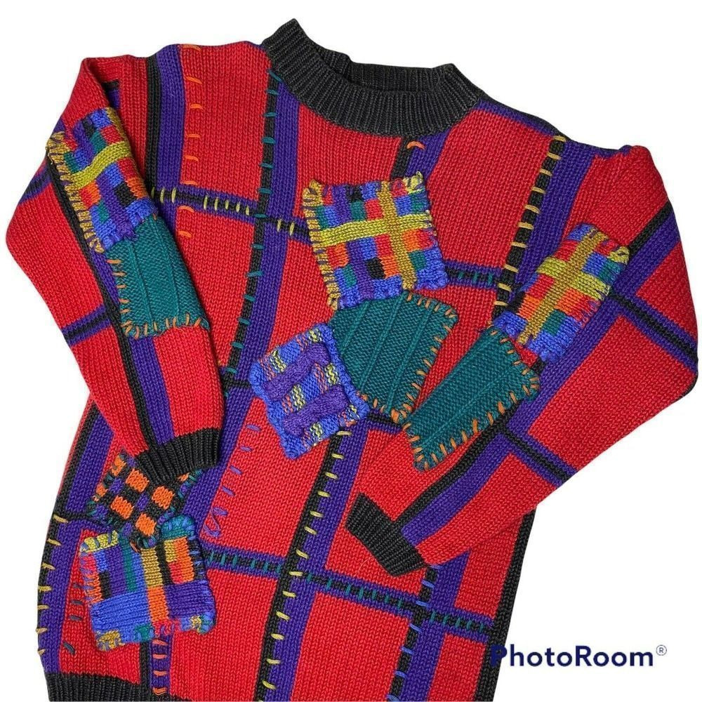 Vintage Patch Work Sweater Rebecca Stone Petite Crazy Party Textured Knit Red